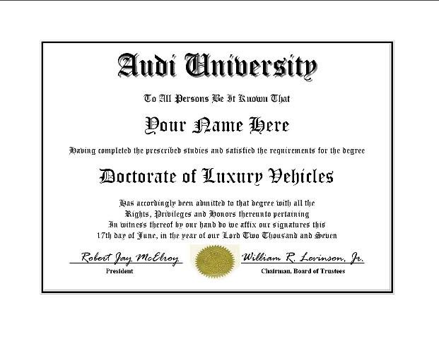 Diploma for Audi luxury vehicle owner