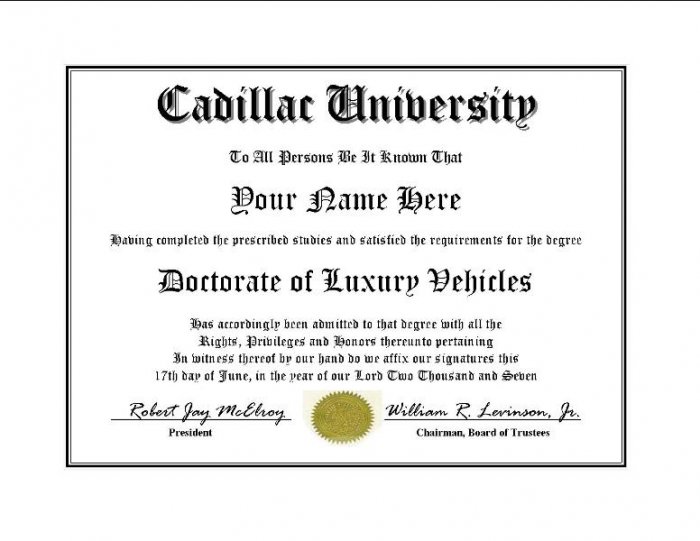 Diploma for Cadillac luxury vehicle owner