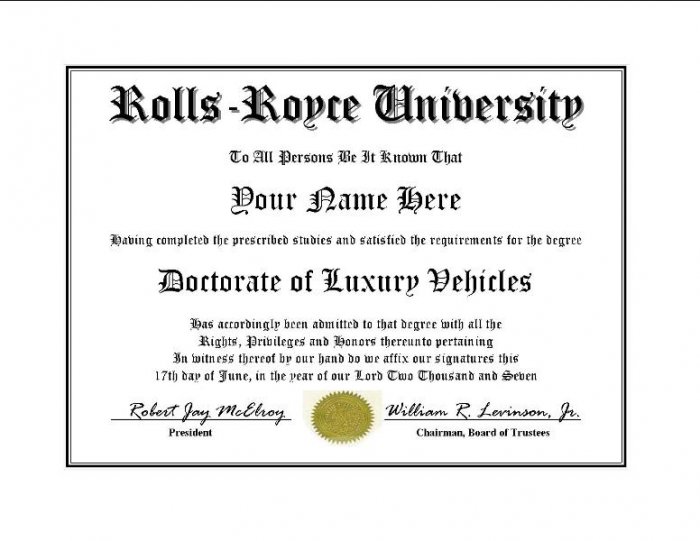 Diploma for Rolls Royce luxury vehicle owner