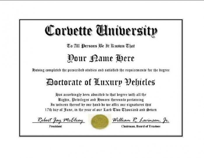 Diploma for Corvette luxury vehicle owner