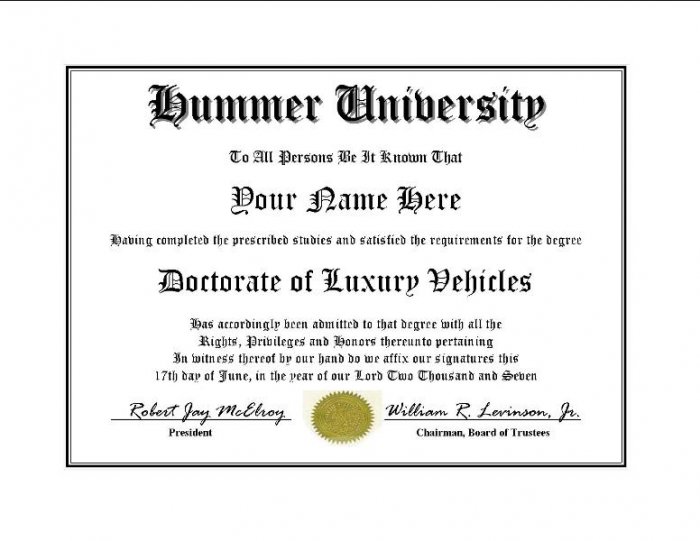 Diploma for Hummer luxury vehicle owner
