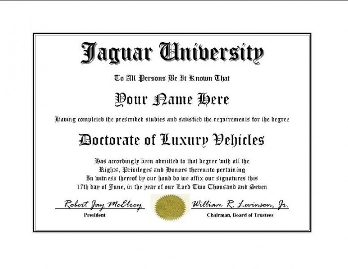 Diploma for Jaguar luxury vehicle owner