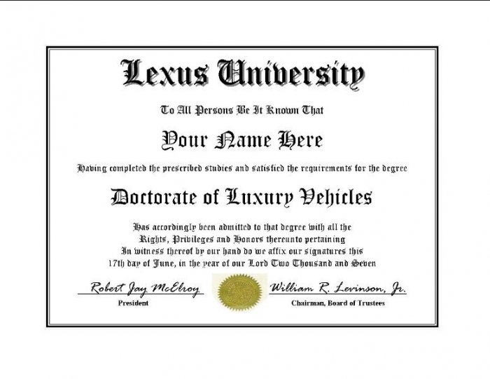 Diploma for Lexus luxury vehicle owner