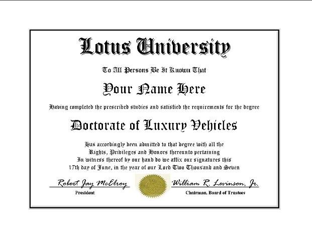 Diploma for Lotus luxury vehicle owner