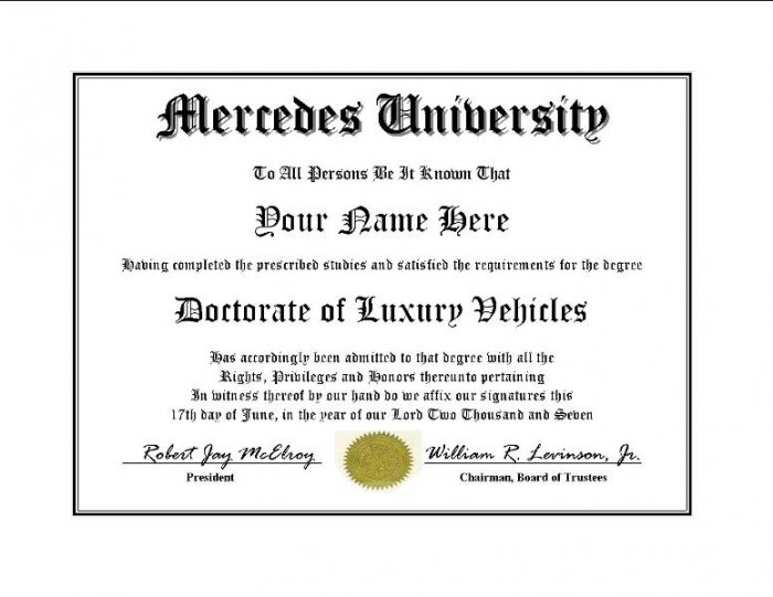 Diploma for Mercedes luxury vehicle owner