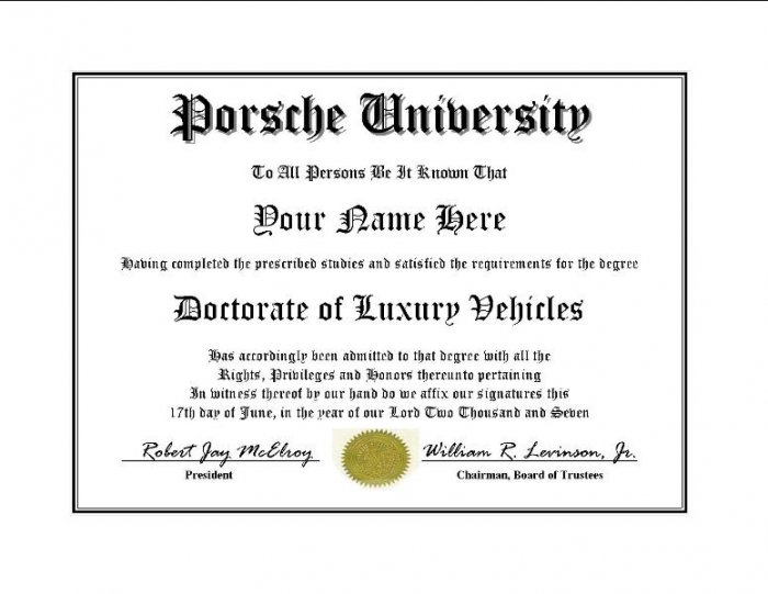 Diploma for Porsche luxury vehicle owner