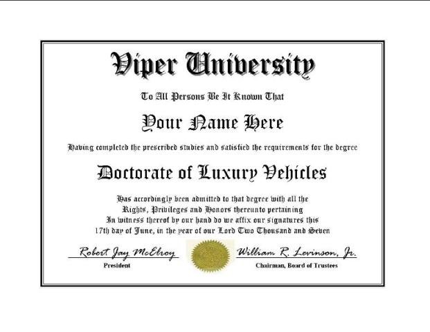 Diploma for Viper luxury vehicle owner
