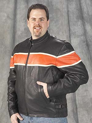 Mens Vented Leather Motorcycle Jacket with Orange Race Stripe