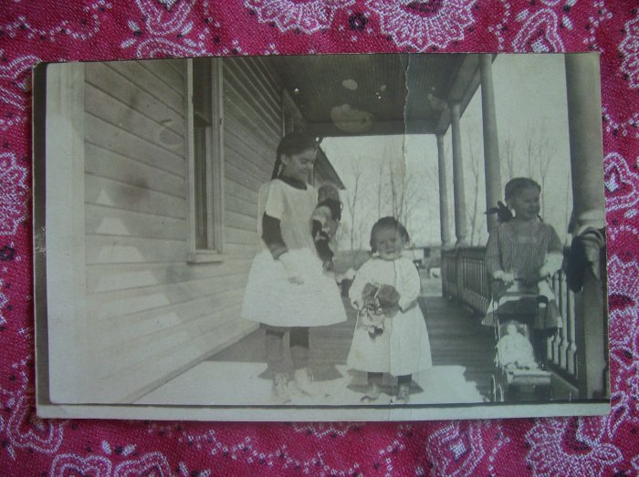 Vintage Photographic Postcard- 3 girls with dolls