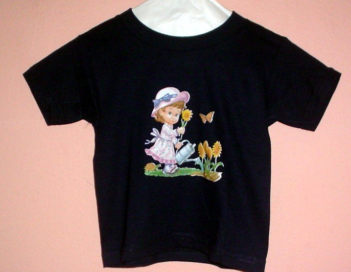 Toddlers tee shirt GIRL WATERING FLOWERS Black cotton Top Quality