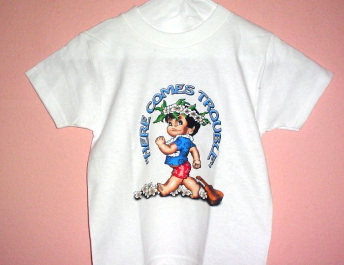 Toddlers tee shirt 4T HERE COMES TROUBLE Boy White cotton Top Quality.