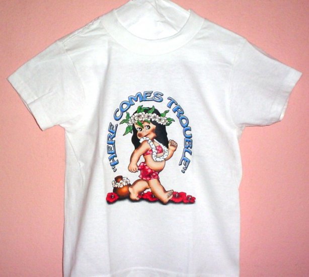 Toddlers tee shirt 4T HERE COMES TROUBLE Girl White cotton Top Quality.