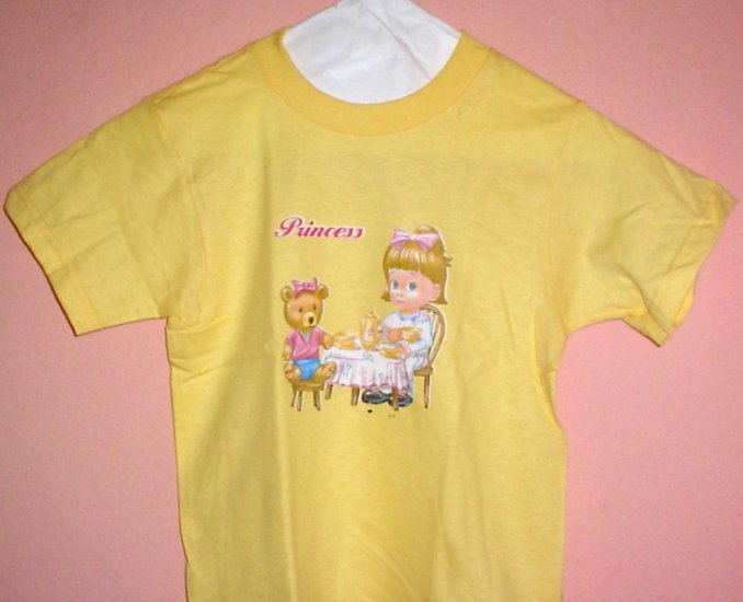 Girls tee shirt PRINCESS Teddy bear tea party. Size 2 - 4 Yellow cotton top quality