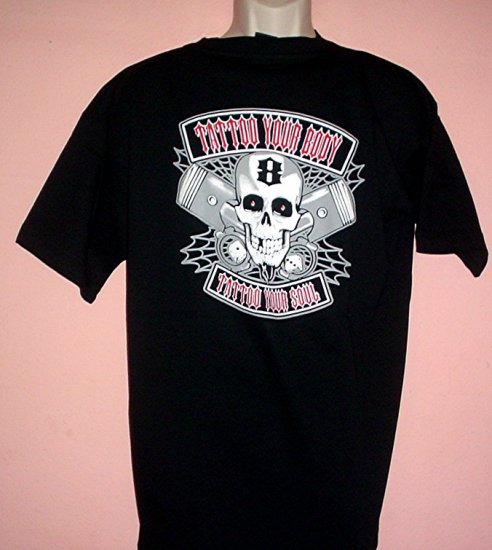 New NWT Motorcycle Tattoo tee shirt (TATTOO YOUR BODY TATTOO YOUR SOUL.Skull, pistons Size Large L