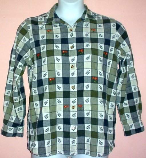 Womans textured cotton shirt checked pattern Casey & Max embroidered Large L Chest 42 inches