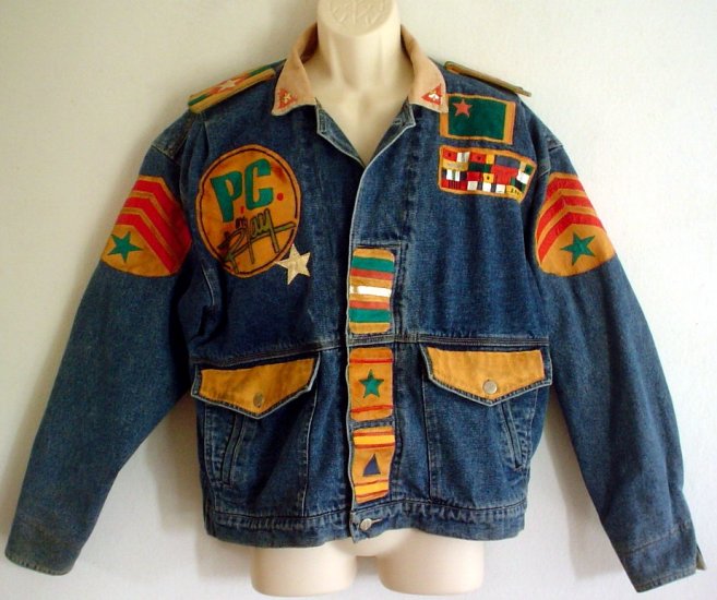 Funky denim and leather jacket by Coda PIECE CORPS faux military size medium M