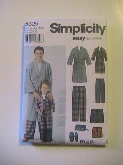 Simplicity Sewing Pattern 5329, Boys and Mens Robe, Slippers,Pants