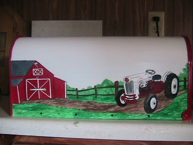 Handpainted Mailbox, white, red, 1953 Ford Golden Jubilee Tractor, barn,fence