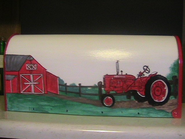 SOLD,Handpainted Mailbox, FarmAll C Tractor,Barn,Road,Fence