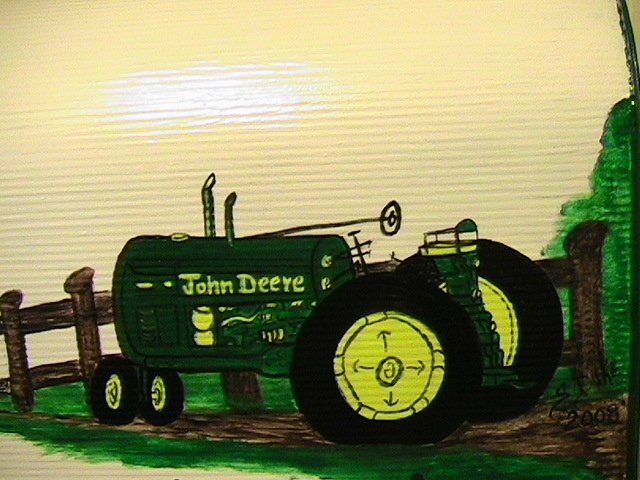 Handpainted Mailbox John Deere Tractor, Red Barn, Fence