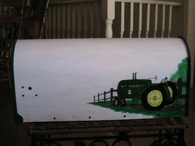 Handpainted Mailbox John Deere Tractor, Red Barn, Fence