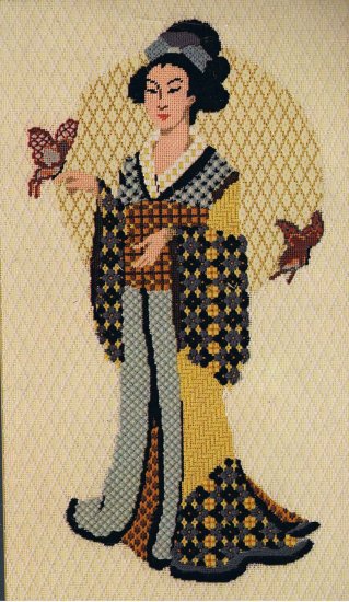 RARE Dimensions Textured Oriental Geisha with Butterflies Needlepoint/Tapestry Kit