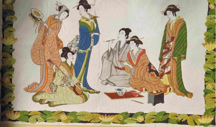 Vintage Minerva Crewel Oriental Tea House Samurai / Asian Geishas