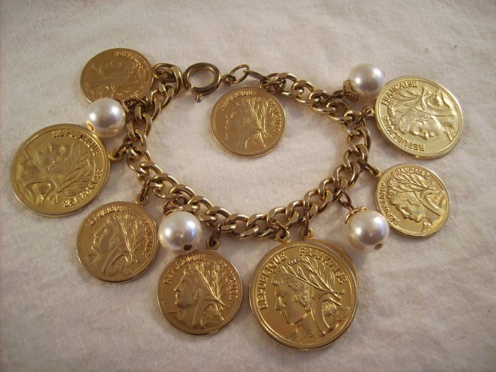 Vintage gold tone coin bracelet Faux pearls Joans Collectibles