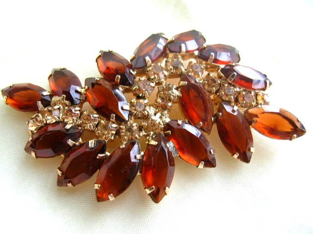 Vintage Amber & Topaz Rhinestone Brooch Large