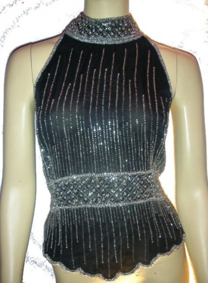 VINTAGE Black 1950s Beaded Scalloped Shirt Top Blouse L Large