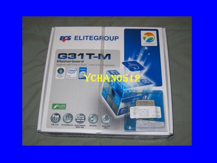NEW INTEL DUAL CORE 2 DUO E8400 CPU 3.0GHZ LGA 775 SLAPL + ECS G31T-M Motherboard Combo BX80570E8400