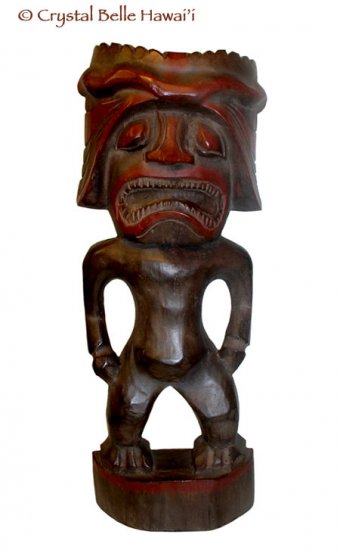 Hawaiian God Ku of War with Helmet Hand Carved Tiki Wood Statue 20"