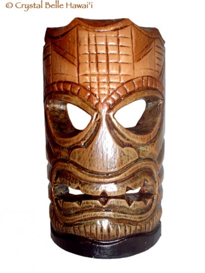 Hawaiian God Ku Hand Carved and Painted Tiki Wood Statue/Mask 8" - Brown/Green