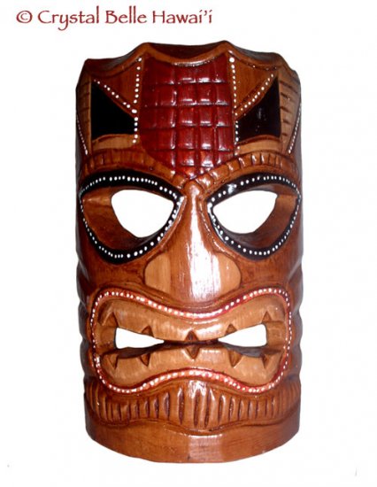 Hawaiian God Ku Hand Carved/Painted Tiki Wood Statue/Mask 8" - Brown/Red