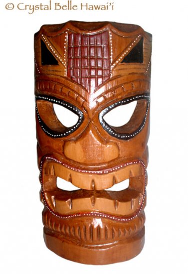 Hawaiian God Ku Hand Carved and Painted Tiki Wood Mask/Wall Hanging - Statue 12" - Brown/Red