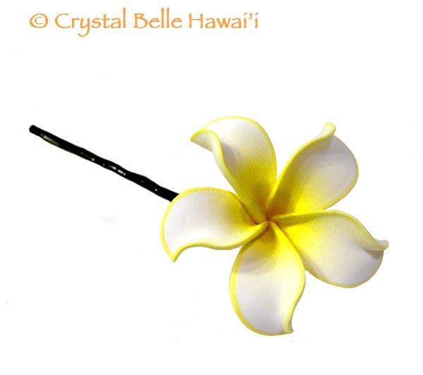 Hawaiian Plumeria Lei Flower Hair Pin, White/Yellow