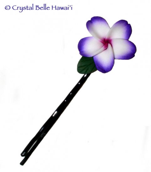 Hawaiian Plumeria/Frangipani Hair/Hat Pin, Blue Purple with Leaf
