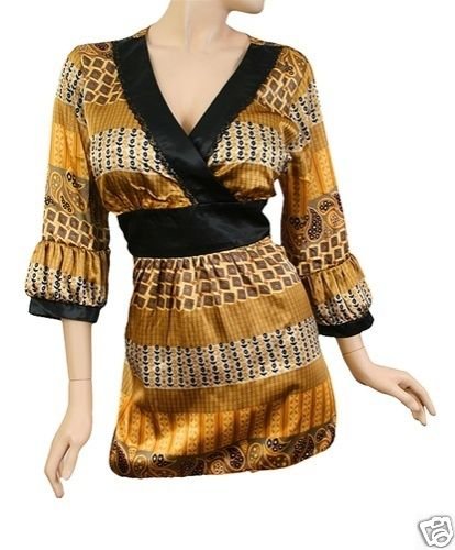 NEW GOLD BLING SATIN EMPIRE KIMONO TUNIC TOP SHIRT 1X