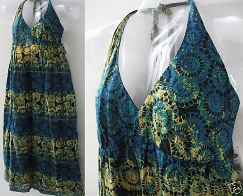 NWT OLD NAVY BATIK HALTER GODDESS MAXI DRESS LINEN M
