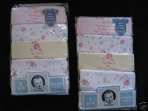 NWT lot GERBER TWINS PASTEL TAGLESS ONESIES LOT 0 3 MO