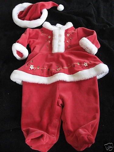 CHRISTMAS VELVET MARABOU TRIM OUTFIT HAT LOT 3-6MO TWIN