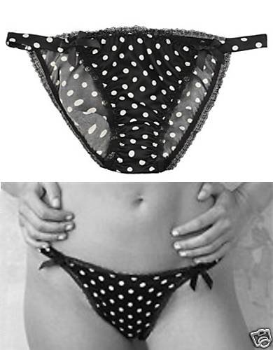 NEW LUXE SATIN STRING BIKINI PANTY POLKA DOT FRILLS! M