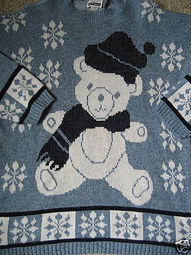 UGLY CHRISTMAS SWEATER TACKY BEAR BLUE SNOWFLAKES L XL