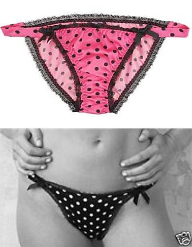 NEW LUXE SATIN STRING BIKINI PANTY POLKA DOT FRILLS XS