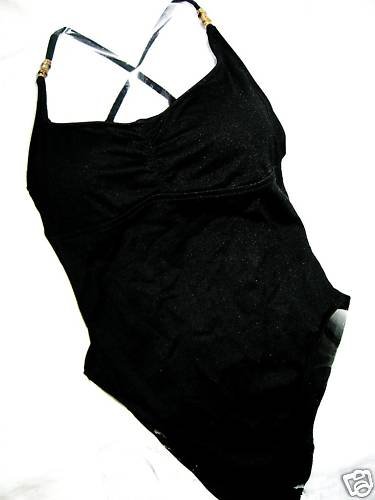 BEADED BLACK SWIMSUIT BATHING SUIT M CRISSCROSS STRAP