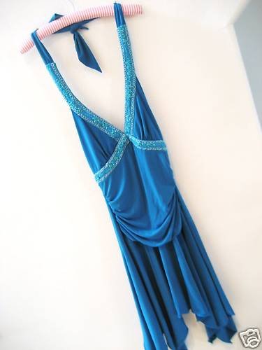 NEW TRIXXI JEWELED PLUNGE HALTER FAIRY HEM DRESS S AQUA