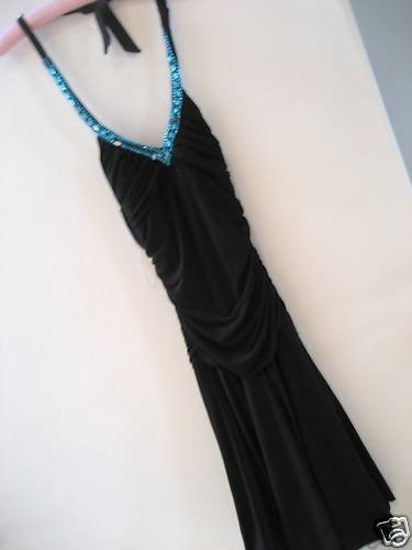 NEW TRIXXI BLACK JEWELED FLOUNCE HALTER PADDED DRESS M