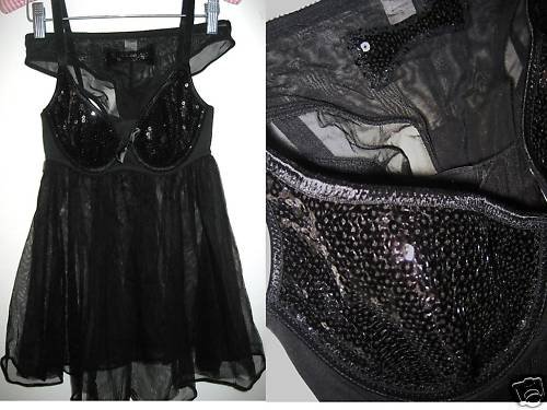 VICTORIA SECRET SEQUIN TULLE BABYDOLL MESH PANTY 34D