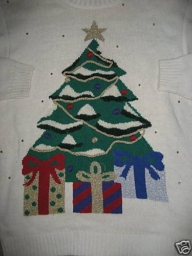 UGLY CHRISTMAS SWEATER GIANT CHRISTMAS TREE WHITE L