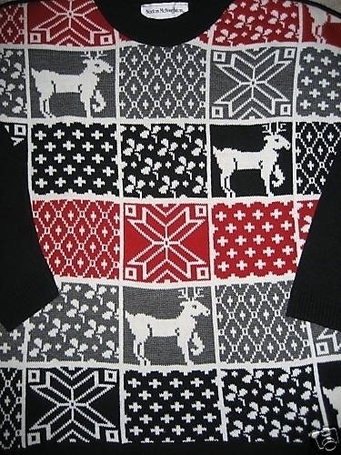 UGLY CHRISTMAS SWEATER PLAID REINDEER SNOWFLAKES L